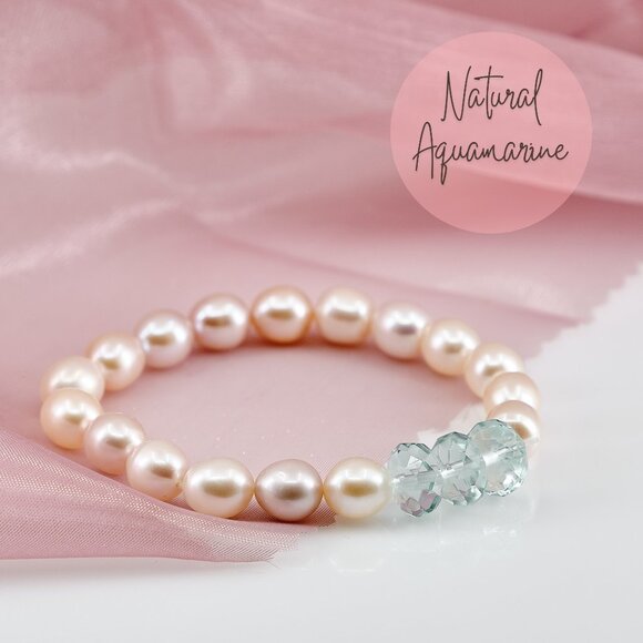 Aquamarine & Pearl Bracelet, Dainty and Timeless Stretch Bracelet - Picture 1 of 11